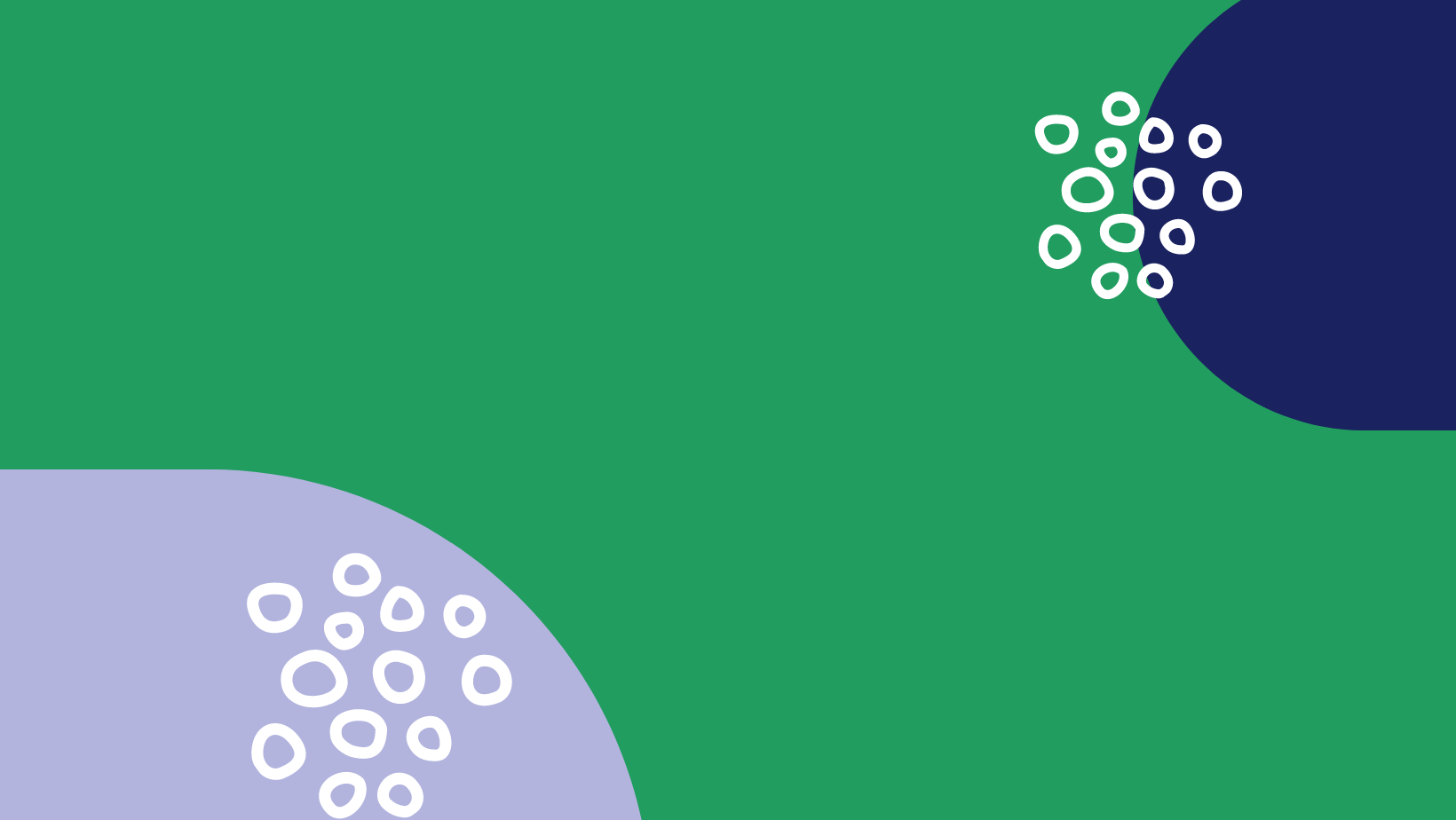 green background with blue and purple cicles and small groups of white circles