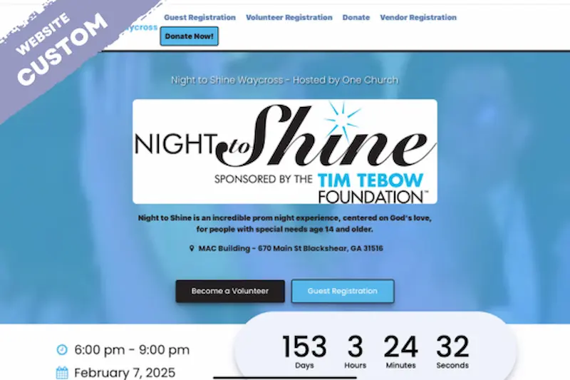 "Night to Shine" black script title, "Sponsored by the Tim Tebow Foundation" subtitle on light blue overlay,, over people dancing