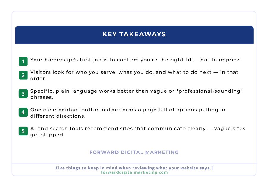 Numbered list of five key takeaways about homepage content strategy for small businesses, from Forward Digital
