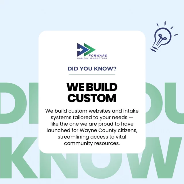 Did You Know?? We build custom!

And by building, we mean:
Strategic design, seamless functionality, user-focused experience, and systems that actually work for the people who use them.

We’re proud to partner with Wayne County Family Connection to launch a custom website and intake system — connecting citizens to resources with ease and efficiency.
But— don’t just take our word for it…
“We are incredibly grateful to Forward Digital Marketing for using their expertise and providing a seamless process in creating a custom website and intake/data collection system for Wayne County Family Connection. Thanks to their work, our citizens now have easier access to vital resources and support. These systems are helping us better serve our community with efficiency, clarity, and compassion.”— Executive Director

At Forward Digital Marketing, we design solutions tailored to your needs, helping organizations serve their communities better.
Let’s build something custom for you.

#ForwardDigitalMarketing #CustomSolutions #CommunityDriven #WebDesign #DataSystems #WayneCountyGA #AlwaysLookingForward