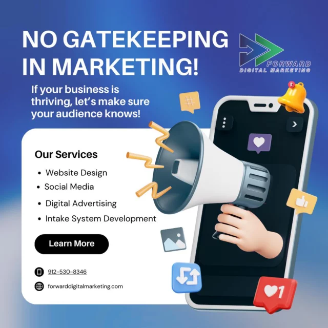 Your business is thriving—let’s make sure the world knows it.
At Forward Digital Marketing & Signatronics LLC., we don’t believe in keeping the good stuff to ourselves. From stunning websites to smart social media strategies, and of course the highest quality digital signage — we help you turn attention into action.

No gatekeeping. Just growth.
Let’s build something worth talking about.

Ready to get started?
Call us at 912-530-8346 for a consultation!

#ForwardDigitalMarketing #NoGatekeepingInMarketing #WebsiteDesign #SocialMediaMarketing #DigitalAds #LocalBusinessSupport #MarketingMadeEasy #ThrivingBrands