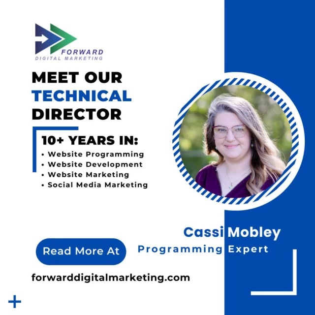 Meet Our Technical Director: Cassi Mobley
With a degree in Information Technology and 10+ years of experience in web development, programming, and digital strategy, Cassi is the tech mastermind behind the scenes at Forward Digital Marketing.

From building custom websites to optimizing digital systems, she makes sure every project runs smoothly—and looks amazing doing it.
Smart. Skilled. Solution-focused.
That’s Cassi. That’s Forward.

#ForwardDigitalMarketing #MeetTheTeam #TechnicalDirector #WebDevelopment #DigitalMarketing #WomenInTech #MarketingStrategy #LocalExperts