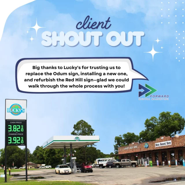 A huge shoutout to Lucky's for trusting us every step of the way! 

From assessing and replacing the damaged sign at Lucky's Odum General Store to refurbishing the sign at Lucky's Red Hill, we’re grateful for the opportunity to get you shining bright again. This business truly understands the power of signage and branding—because what’s on the outside draws customers inside.

Thank you for your business—and your trust!

#ForwardDigitalMarketing #Signatronics #DualMarketingMakesGoodBusiness #SignageIsEverything #ThankfulForOurClients