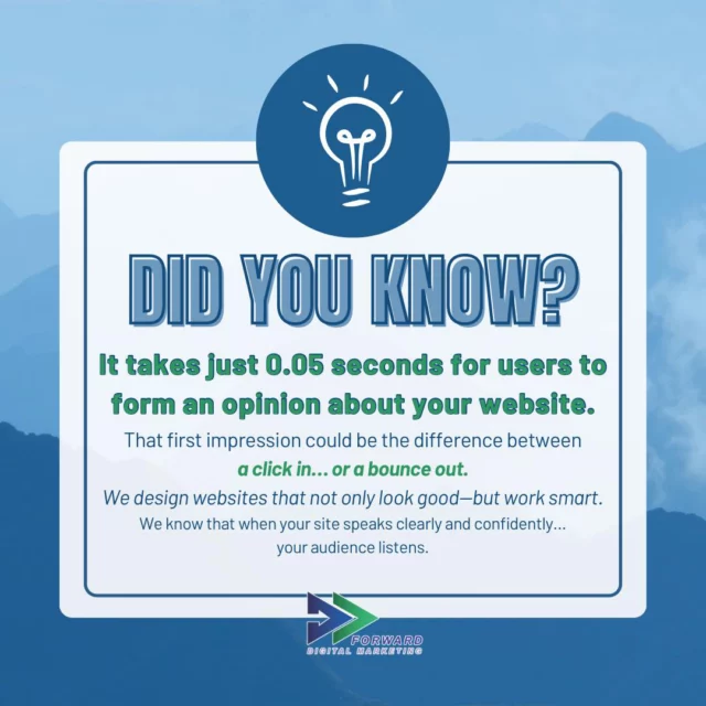 YOU LEARN SOMETHING NEW EVERY DAY!

That’s right! Your website has less than a second to make a first impression!! …that’s all it takes for someone to decide if they’ll stick around or click away.

At Forward Digital Marketing, we make sure that first impression is a strong one—with clean design, smart messaging, and functionality that keeps visitors engaged.
Because your business deserves more than just a “meh” moment online.

Ready for a digital glow up?
Let’s talk strategy today!

#DidYouKnow #ForwardDigitalMarketing #WebsiteDesign #FirstImpressionMatters #DigitalMarketingTips #NoGatekeeping #SmartMarketingMoves